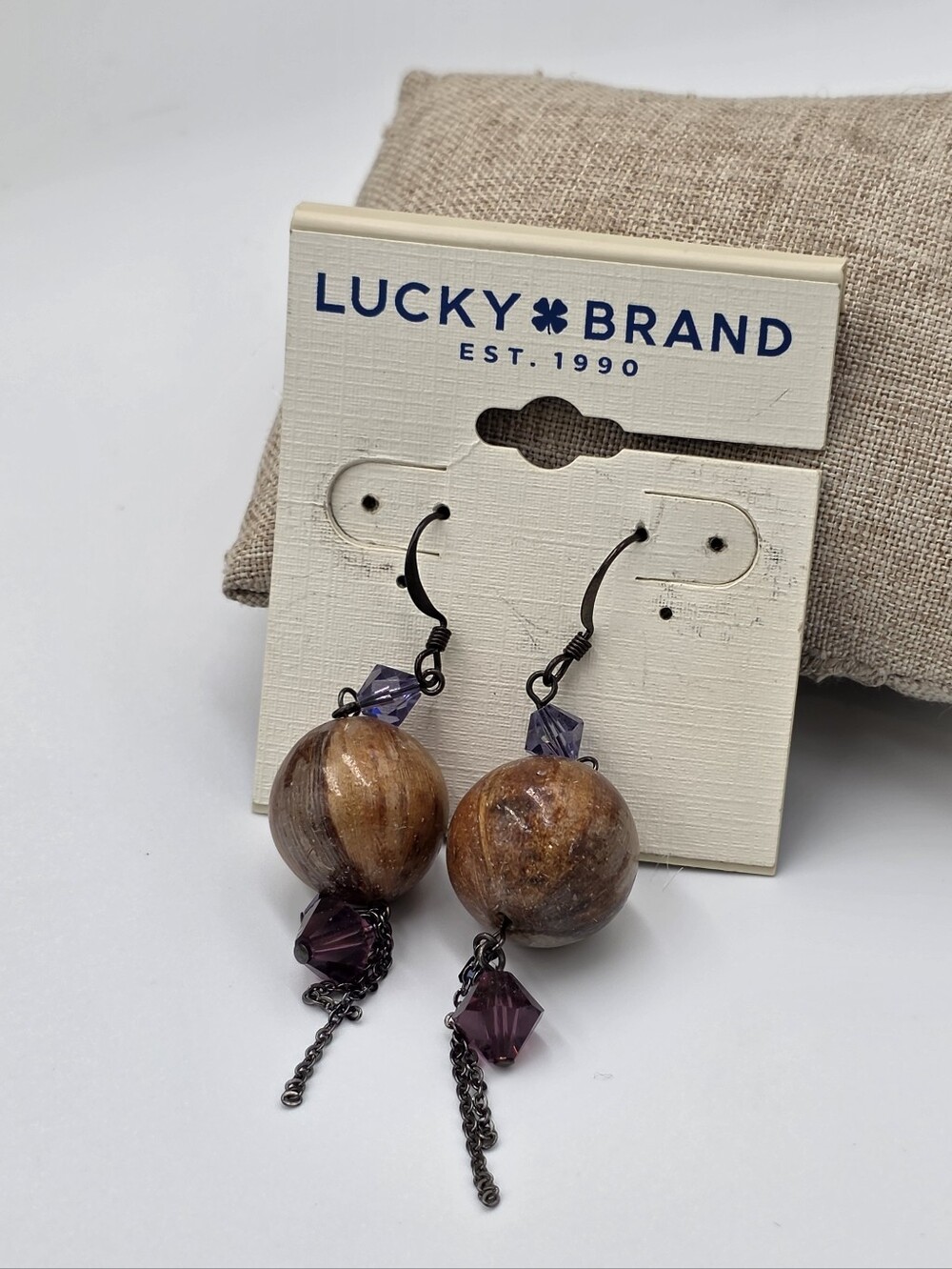 Lucky Brand Wood Bead Purple Crystal Drop Earrings Boho Gunmetal Chain Dangle